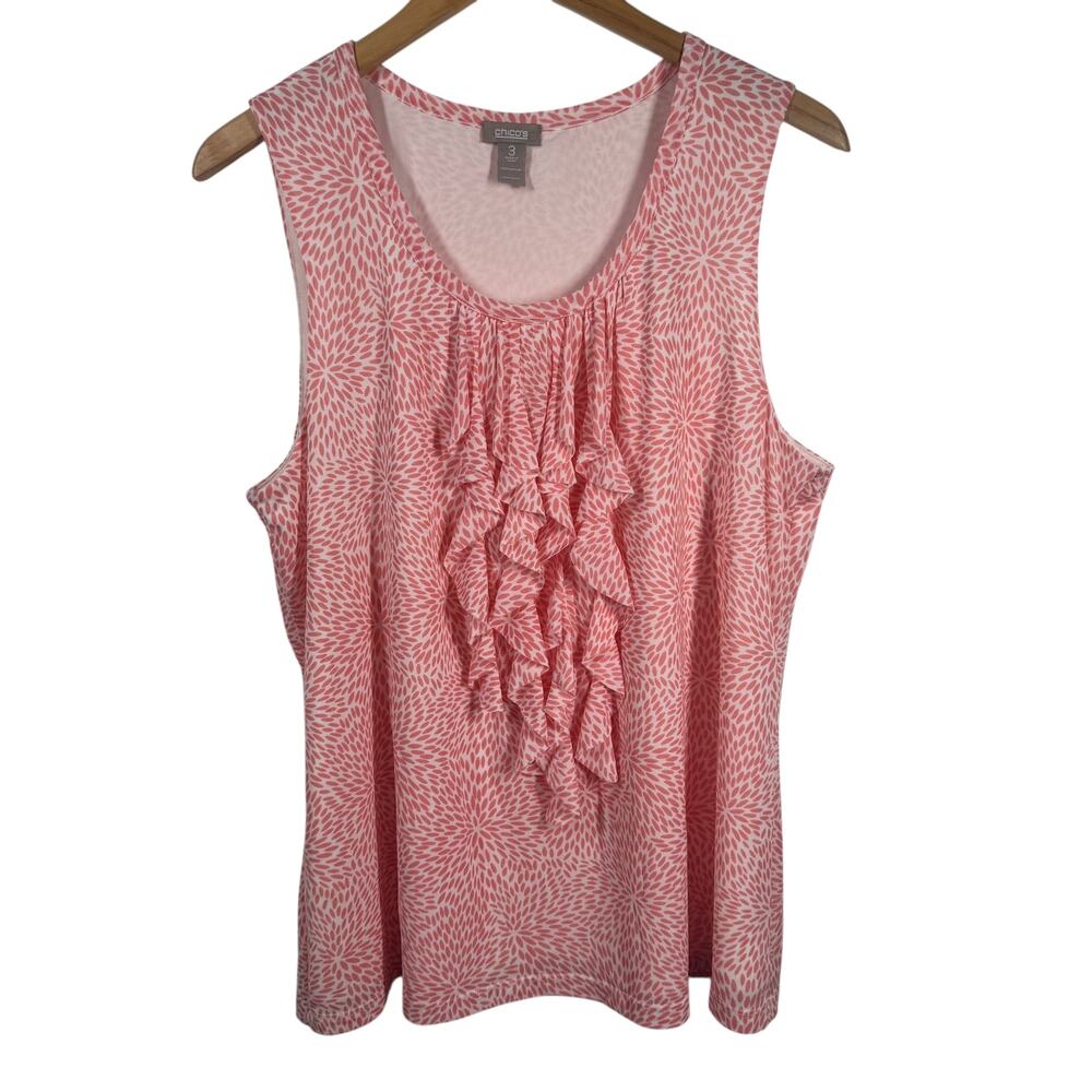Chico's Top Women XL Pink White Ruffle Tank Floral Speckle Spring Feminine